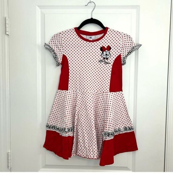 Disney Parks Minnie Mouse Girls Large Red Polka Dot Ruffle A-Line Twirl Dress - Picture 2 of 11